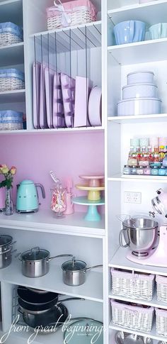 the shelves are filled with dishes and pans