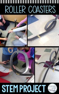 four pictures show how to make roller coasters with scissors and tape on the floor