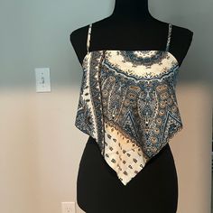 Never Worn Before!! Perfect Too To Go Out In Or Wear To A Date Night/Dinner. Blue & Beige Bandana Top With Ties Back Detail.Although It’s A Large, It Can Easily Be Tightened Via The Straps & Back Tie To Fit Smaller Chests. Bandana Top Pattern, Bandana Crop Top, Date Night Dinner, Date Night Dinners, Bandana Top, Shein Tops, Small Chest, Tie Backs, Go Out