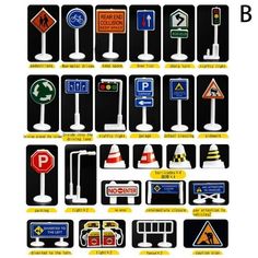 various street signs and traffic lights are shown in this image with the letter b below them