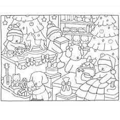 a black and white coloring book page with christmas themed items in the background, including teddy bears