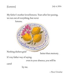 the poem is written on a plate with two lemons in it and one pink flower