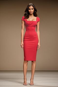 a woman in a red dress is standing on the runway with her hands behind her back