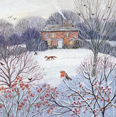 a painting of birds flying over a snowy field with a red house in the background