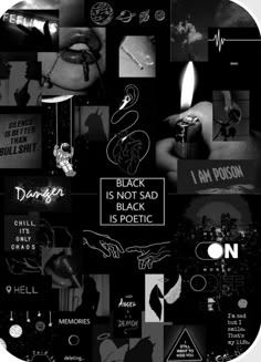 black and white collage with words on it