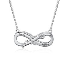 Infinity Flower Necklace with 2 Names engrave DETAILS Material: Stainless Steel Weight: 4.6 g Pendant Measure: 13mm x 30mm Chain Length 40 + 2.5 +2.5 cm Everlasting gift for her, Birthdays, Anniversary, Mother's Day, Wedding Day, Best friends You name it. HOW TO ORDER Place your personalized name above. Name 1  Name 2  Example 1- Mike  2- Meagan Please reach out to me if you have any questions. Silver Engraved Infinity Necklace, Infinity Engraved Necklaces For Anniversary, Engraved Infinity Necklace For Anniversary, Personalized Infinity Engraved Jewelry, Engraved Infinity Necklaces For Gifts, Anniversary Engraved Infinity Necklace, Elegant Laser Engraved Necklaces For Mother's Day, Elegant Laser Engraved Necklaces For Anniversary, Elegant Laser-engraved Necklace For Anniversary