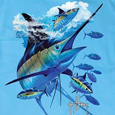 a group of blue marlin fish swimming in the ocean on a t - shirt