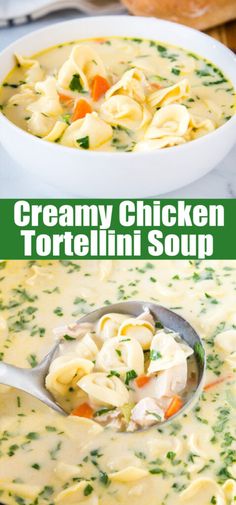 creamy chicken tortellini soup in a white bowl