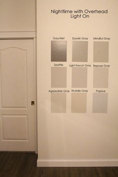 a white wall with different shades of paint on it and the words night time with overhead light on