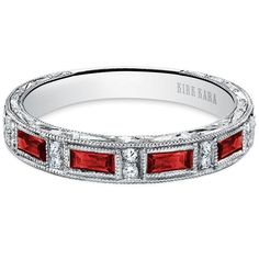 Kirk Kara "Charlotte" Baguette Cut Red Ruby Diamond Wedding Band Featuring 0.06 Carats Total Weight Round Diamonds and 0.62 Carats Baguette Cut Red Rubies Delivery takes 5-6 weeks to create and will ship immediately after completion. Rush delivery available depending on style and upon request Available with a sizing bar or complete eternity with diamonds. Photo above shown with sizing bar Available in 14K & 18K white, yellow or rose gold. Also available in platinum Diamonds are VS2-S11 clari Sapphire Diamond Wedding Band, Red Engagement Ring, Ruby Diamond Engagement Ring, Baguette Wedding Band, Ruby Wedding Rings, Pink Sapphire Ring Engagement, Diamond Sapphire Engagement Ring, Sapphire Diamond Engagement, Engraved Wedding Rings