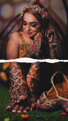 a woman sitting on the ground with her feet covered in hennap and flowers