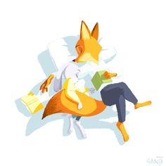 an image of a fox reading a book with another animal laying on the floor next to it