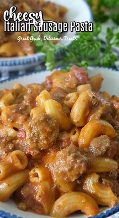 pasta with meat and sauce in a white bowl on a blue and white checkered tablecloth