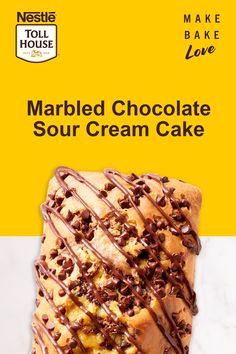 marbled chocolate sour cream cake on a yellow and white background with the words nestle house love