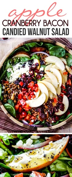 an apple cranberry bacon and candied walnut salad is shown in two photos