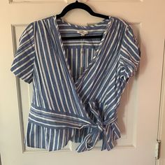 Blue And White Striped Max Studio Wrap Top. Size M. New With Tags, Price Negotiable (: Casual Summer Wrap Top For Brunch, Cotton V-neck Top With Tie Waist, Casual V-neck Wrap Top For Day Out, Casual Wrap Top For Day Out, Spring Casual Wrap Top With Short Sleeves, Spring Casual Short Sleeve Wrap Top, Casual Cotton Wrap Top, Casual Wrap Top With Short Sleeves For Spring, Casual Short Sleeve Wrap Top For Spring