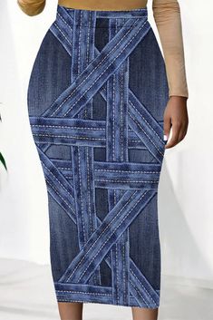 Wholesale Casual Faux Denim Print High Waist One Step Pencil Skinny Midi Skirt K114595 Online Casual Chic Denim, Denim Bag Diy, Romper Swimsuit, Mid Calf Skirt, Denim Print, Denim Pattern, Patterned Skirt, Blouse Tank Top, Sweater Trends