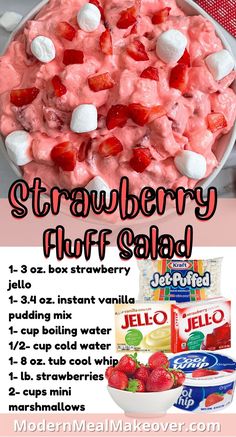 strawberry fluff salad with marshmallows and jello on the side is shown