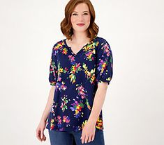 Covered in a fresh floral print, this short-sleeve top boasts cheerful springtime vibes. Wear it with jeans and slip-on flats to brighten your mood and your day. From Denim & Co.® Fashions. Casual Floral Print Short Sleeve Top For Summer, Casual Short Sleeve Top With Floral Print, Casual Floral Print Summer Tops, Casual Short Sleeve Spring Tops, Spring Short Sleeve Top For Day Out, Spring Printed Short Sleeve Tops, Printed Short Sleeve Tops For Spring, Spring Printed Relaxed Fit Tops, Casual Short Sleeve Summer Top For Vacation