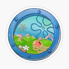 an ocean scene with octopuses and other animals in the porthole sticker on a white background