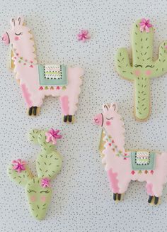 three decorated llamas and a cactus on a polka dot background