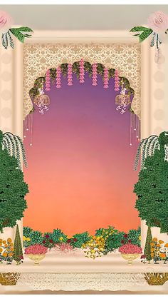 an ornate archway with pink flowers and greenery in front of a purple sky background