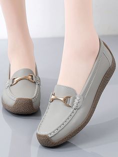 Grey Fashionable Collar   Plain Loafers Embellished   Women Shoes Gray Flat Heel Loafers For Spring, Gray Slip-on Loafers For Spring, Gray Round Toe Loafers For Spring, Gray Spring Loafers With Flat Heel, Gray Round Toe Flats For Spring, Casual Gray Slip-on Flats, Gray Flats For Spring, Casual Office Flats For Fall, Comfy Flats