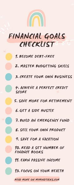 the financial goals checklist is shown on a pink background with rainbows and clouds