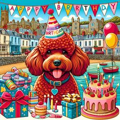 a happy birthday card with a poodle sitting in front of a cake and presents