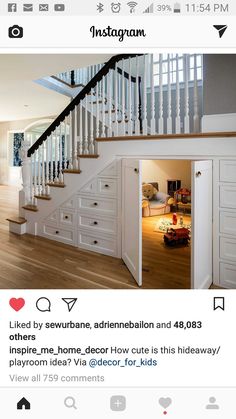 an instagram page with stairs and drawers on the bottom right hand side, below is a photo of someone's home