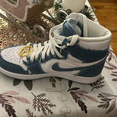 Jordan 1’s Excellent Condition, Colors Blue, White And Gold Size 6 Jean Material Jean Jordan 1s, Blue Denim Lace-up Sneakers, Denim Blue High-top Sneakers, White Denim Sporty Sneakers, Blue Lace-up Custom Sneakers, Tenis Nike Jordan, Shoes Jordan 1, Jean Material, Shoe Wishlist