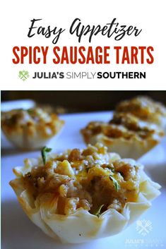 easy appetizer spicy sausage tarts recipe with text overlay