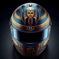 the helmet is designed to look like an egyptian pharaoh's head with gold accents