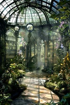 the inside of a glass house with lots of plants