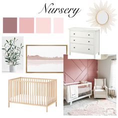 a baby's nursery room with pink and white accents, including a crib, dresser