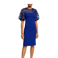 Carmen Marc Valvo Infusion Crepe Cocktail Dress With 3d Embellished Yoke And Sleeves. Crew Neckline. Elbow Puff Sleeves. Sheath Silhouette. Hem Hits About At The Knee. Hidden Back Zip. Polyester, Self/Lining. Dry Clean. Made In Usa Of Imported Material. Blue Fitted Puff Sleeve Party Dress, Blue Fitted Puff Sleeve Dress For Party, Elegant Blue Puff Sleeve Formal Dress, Elegant Blue Fitted Puff Sleeve Dress, Fitted Blue Puff Sleeve Dress With Pleated Sleeves, Blue Puff Sleeve Dress With Gathered Sleeves For Party, Fitted Blue Dress With Gathered Sleeves, Blue Elegant Puff Sleeve Dress With Gathered Sleeves, Blue Fitted Puff Sleeve Dress