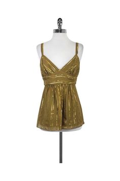 Current Boutique-Milly - Gold Metallic Silk Spaghetti Strap Top Sz 6 Gold Tops For Summer Formal Events, Gold Tops For Formal Party Season, Gold Formal Tops For Party Season, Glamorous Gold Formal Tops, Chic Gold Tops For Party Season, Elegant Summer Festive Tops, Elegant Festive Summer Tops, Elegant Fitted Gold Top, Elegant Gold Tops For Holiday