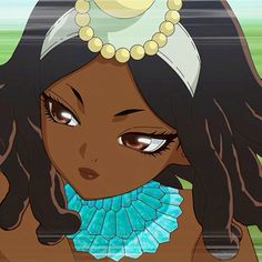 an animated image of a woman with long hair wearing a necklace and pearls on her head