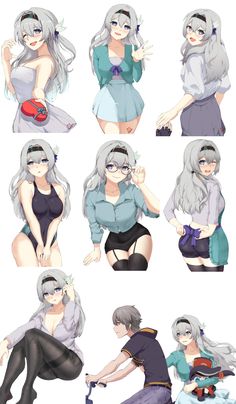 an anime character poses in various poses for the camera, with her hands on her hips