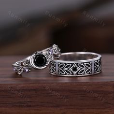 Here we have a Vine Leaf Style Black Onyx Couples Ring Vintage Silver Matching Ring Set Twig Leaf His and Hers Wedding Band Mens Onyx Ring Black Gem Ring ITEM DESCRIPTION ✦ Handmade, high-quality item! ✦ Material: Sterling Silver/10K/14K/18K/Platinum ►Sold as a two-piece set ►His ring is Sterling silver with 2mm black onyx ►His band width: 6mm ►Her ring is 925 solid Sterling Silver.(can be made in 10/14/18k white/rose/yellow/black gold) ►Center stone: 5mm round cut black onyx ►Accented with amet Elegant Black Couple Rings For Gift, Elegant Black Couple Rings As Gift, Elegant Black Couple Rings, Adjustable Black Couple Rings For Gift, Adjustable Black Couple Rings For Promise, Gothic Black Promise Jewelry, Gothic Black Promise Rings, Black Sterling Silver Crystal Ring For Wedding, Black Sterling Silver Jewelry For Wedding