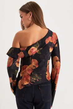 A naturally elegant babe like you was made for the Lulus Born Chic Black Floral Print Satin Off-the-Shoulder Top! Sleek woven satin, with a dreamy floral print, shapes an off-the-shoulder neckline with a chic fold-over detail, framed by long sleeves with flared cuffs. The blousy, darted bodice falls to a slightly asymmetrical hem. Hidden side zipper/clasp. Fit: This garment fits true to size. Length: Size medium measures 19.5" from shoulder to hem. Bust: Great for any cup size. Waist: Loosely Fi Spring Satin Tops With Floral Print, Spring Satin Off-shoulder Blouse, Off-shoulder Floral Print Party Blouse, Top Satin, Spring Satin Floral Print Tops, Lulu Fashion, Spring Floral Print Satin Top, Elegant Off-shoulder Floral Print Tops, Off-shoulder Floral Print Party Tops