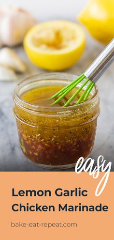 lemon garlic chicken marinade in a jar with the title text overlay reads easy lemon garlic chicken marina