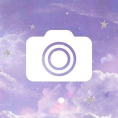 an image of a camera with stars in the sky and clouds around it on a purple background