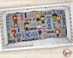 the avengers pillow case is shown with many different characters and names on it, including captain america