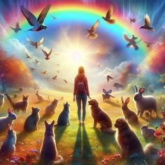 a woman standing in the middle of a field with many cats and birds around her