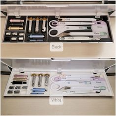 the contents of an open medical kit are shown in two separate trays, one is empty and the other has scissors