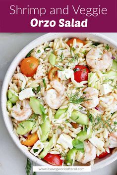 shrimp and veggie orzo salad in a white bowl with text overlay