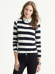 Sequin-Stripe Pullover Casual Sweater With Striped Collar For Work, Casual Sweater For Work With Striped Collar, Casual Workwear Sweater With Striped Collar, Chic Striped Crew Neck Sweater, Chic Sweater With Striped Sleeves, Chic White Tops With Horizontal Stripes, Chic White Top With Horizontal Stripes, Chic White Horizontal Stripe Top, Crew Neck Top With Striped Collar For Work