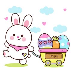 a cartoon bunny pushing a wagon with eggs in it and an easter egg on the back