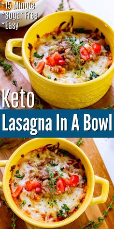 keto lasagna in a bowl with tomatoes and parsley on the side